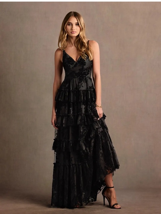 Azazie Dresses & Skirts - Azazie Black Floral Burnout Tiered Maxi Dress